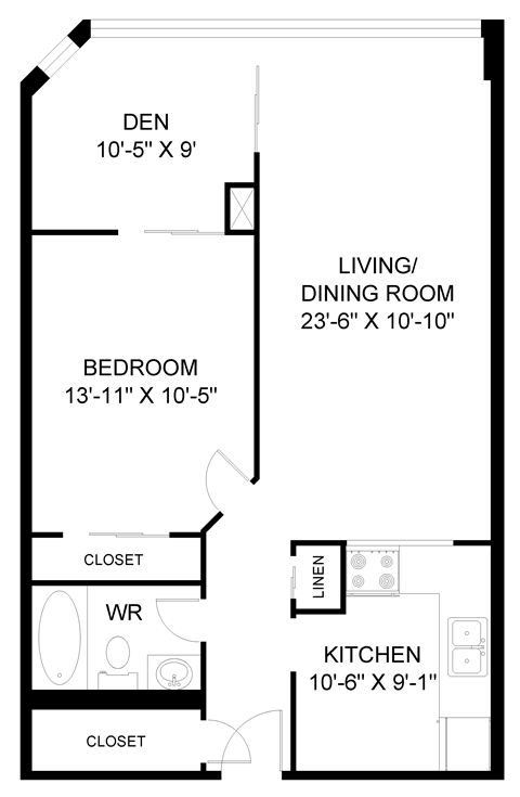 Floor plan for 1 bed, 1 bath, 778 sqft